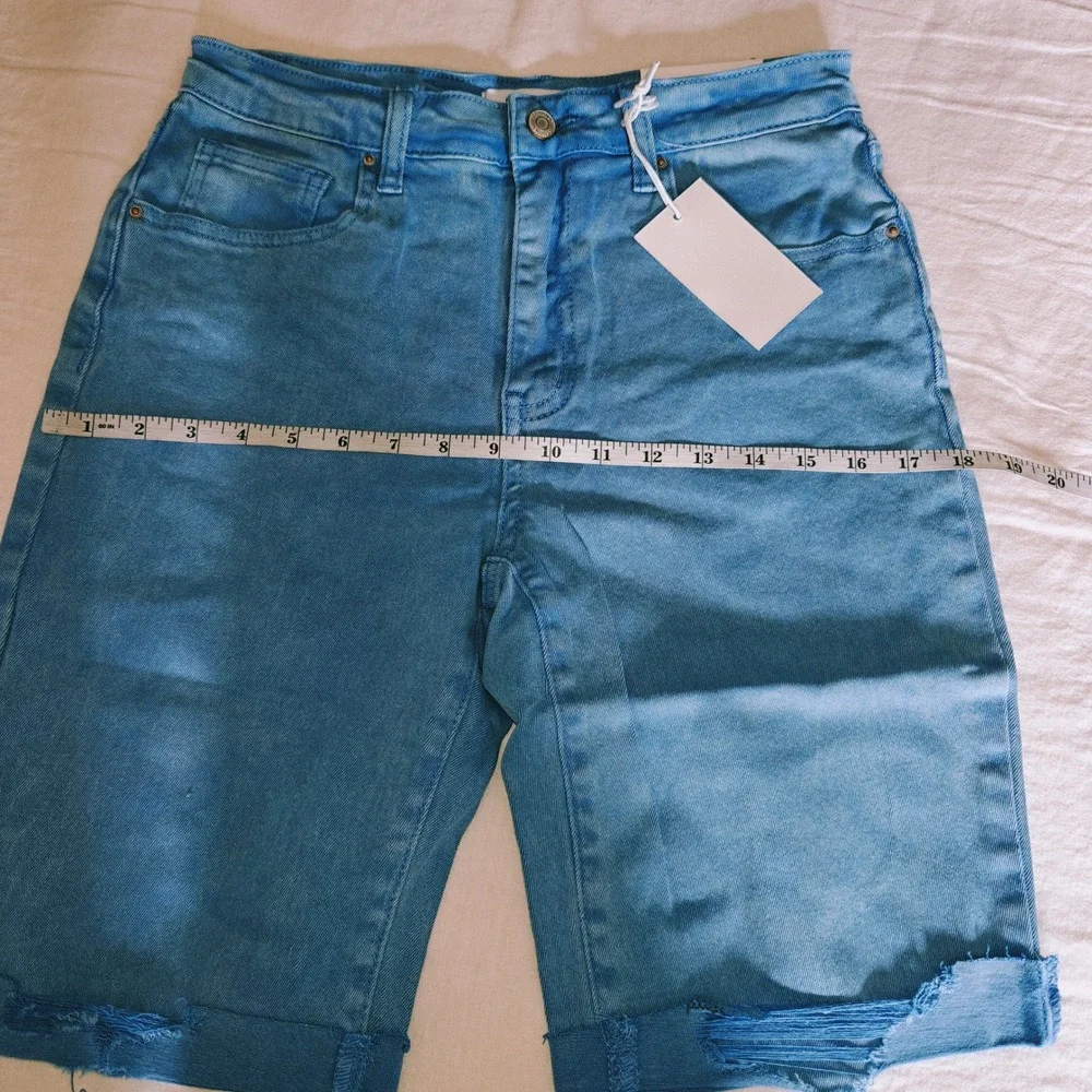 Zenana Acid Wash Dyed Bermuda Distressed‎ Shorts DMP-1892Y Ocean Blue Medium